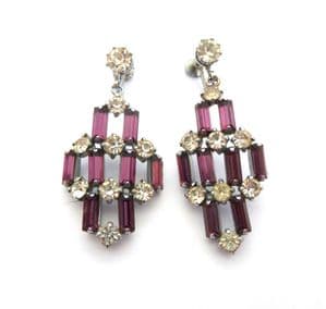 Vintage Large Purple And Clear Rhinestone Set Drop Design Art Deco Era Screw Back Earrings