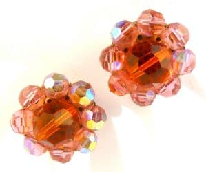 Vintage Large Red And Pink Aurora Borealis Bead Clip On Floral Earrings.