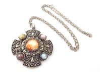 Vintage Large Scottish Celtic Cross Shield Style Faux Gem Set Pendant And Chain Necklace