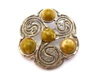Vintage Large Scottish Celtic Design Brooch Set With Marbled Green Cabochons By Hollywood