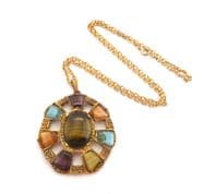 Vintage Large Scottish Celtic Shield Style Faux Agate Porphyry Art Glass Pendant And Chain