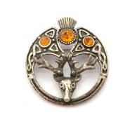 Vintage Large Scottish Stag And Thistle Design Rhinestone Detailed Brooch