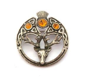 Vintage Large Scottish Stag And Thistle Design Rhinestone Detailed Brooch