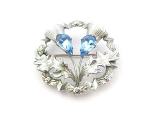 Vintage Large Scottish Style Blue Rhinestone Set Thistle Flower Design Brooch By Mizpah
