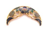 Vintage Large Sea Gems Crescent Shaped Cloisonne Enamel Flower Design Brooch