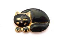 Vintage Large Sleepy Cat Black Enamel And Rhinestone Detailed Brooch