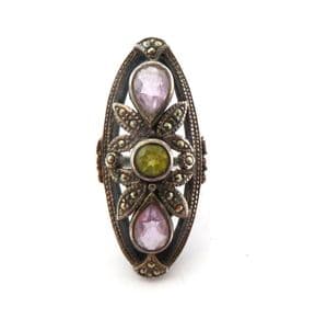 Vintage Large Sterling Silver Marcasite, Amethyst And Peridot Statement Design Dress Ring