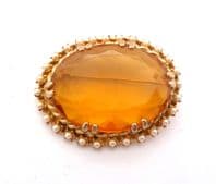 Vintage Large Warm Honey Rhinestone And Faux Pearl Set Brutalist Style Brooch