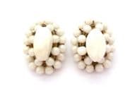 Vintage Large White Plastic Beaded Western German Made Clip On Earrings