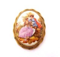 Vintage Limoges French Porcelain Courting Countryside Couple Fragonard Style Brooch