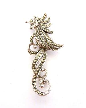 Vintage Long Marcasite Set Abstract Parrot Style Bird Design Brooch