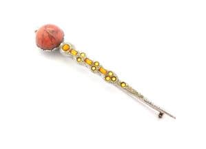 Vintage Long Rhinestone And Marbled Lucite Cabochon Set Scottish Kilt Pin Style Brooch By Mizpah