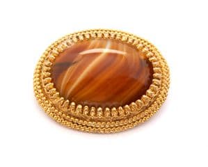 Vintage Marbled Caramel Art Glass Large Oval Shape Modernist Design Brooch By Sphinx