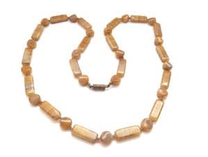 Vintage Marbled Pale Caramel Porphyr Czech Glass Beaded Hand Knotted Matinee Length Necklace