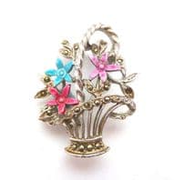 Vintage Marcasite And Enamel Flower Basket Design Brooch