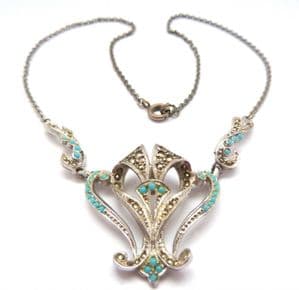 Vintage Marcasite And Faux Turquoise Set Ornate Design Choker Necklace By Hollywood