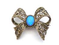 Vintage Marcasite And Morpho Butterfly Wing Cabochon Detailed Bow Design Brooch By Exquisite