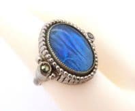 Vintage Marcasite And Morpho Butterfly Wing Cocktail Style Mid Century Adjustable Size Ring