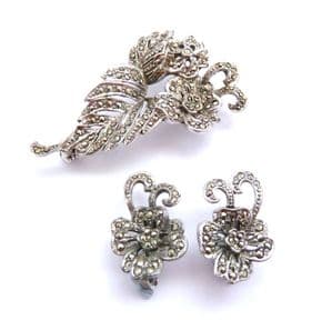 Vintage Marcasite Large Floral Design Brooch And Clip On Earrings Set