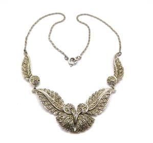 Vintage Marcasite Set Modernist Geometric Abstract Leaf Panel Design Choker Necklace