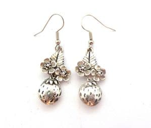 Vintage MasJ Silver Plated Pewter Strawberry And Flower Drop Design Earrings