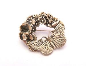 Vintage MASJ Silver Scenes Butterfly And Flower Pewter Brooch