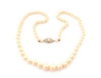 Vintage Matinee Length Faux Pearl Hand Knotted Necklace With Ornate Rhinestone And Pearl Clasp