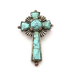 Vintage Miracle Celtic Cross Design Faux Turquoise Set Brooch