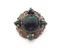 Vintage Miracle Faux Malachite Set Scottish Thistle Flower Detailed Brooch