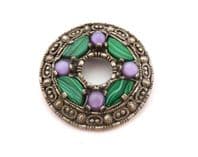 Vintage Miracle Large Celtic Shield Style Brooch with Faux Malachite Gemstones