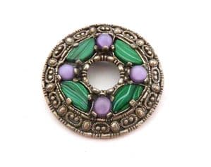 Vintage Miracle Large Celtic Shield Style Brooch with Faux Malachite Gemstones