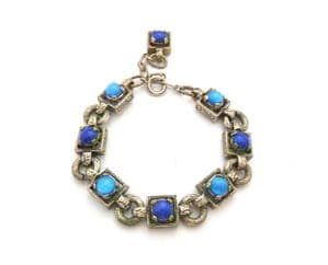 Vintage Miracle  Medieval Style Faux Lapis Lazuli And Blue Glass Cabochon Set Bracelet