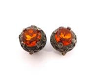 Vintage Miracle Medieval Style Tudor Rose And Amber Coloured Glass Clip On Earrings