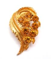 Vintage Modernist Style Abstract Leaf Design Amber Rhinestone Set Brooch