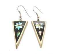 Vintage Mother Of Pearl And Abalone Shell Inlaid Alpaca Silver Triangular Drop Design Earrings
