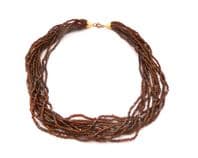 Vintage Multi Stranded Bronze Seed Bead Glass Beaded Choker Necklace