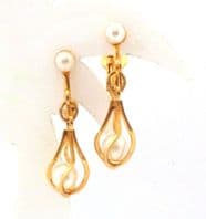 Vintage Napier Dainty Caged Faux Pearl Drop Design Clip On Earrings