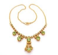 Vintage Peridot Green And Jonquil Rhinestone Set Ornate Geometric  Drop Design Choker Necklace