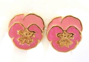 Vintage Pink Enamel Pansy Flower Design Retro Earrings