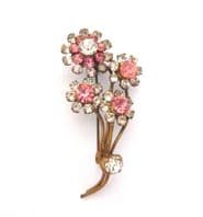 Vintage Pink Flower Rhinestone Set Floral Posy Design Brooch