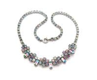 Vintage Rainbow Iris Glass Rhinestone Set Geometric Floral Design Choker Necklace