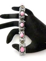 Vintage Raised Filigree Pink Mottled Pink Glass Cabochon Set Czech Style Bracelet