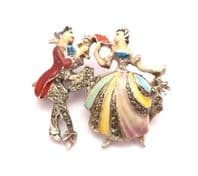 Vintage Rare Enamel And Marcasite Courting Couple Design Shabby Chic Brooch