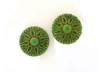 Vintage Rare Green Czech Glass Button Design Clip On Earrings