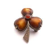 Vintage Rare Rhinestone Detailed Faux Agate Irish Shamrock Design Brooch By Miracle