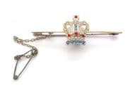 Vintage Rhinestone Detailed Crown Design Mid Century Brooch Complete With Safety Chain