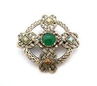 Vintage Scottish Celtic Style Faux Gem Set Ornate Cross Design Brooch