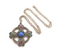 Vintage Scottish Celtic Style Open Work Cross Design Faux Gem Set Necklace