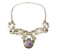 Vintage Scottish Style Abstract Leaf And Foil Glass Cabochon Set Statement Design Necklace