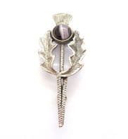 Vintage Scottish Style Faux Amethyst Marbled Porphyry Glass Cabochon Thistle Flower Design Brooch